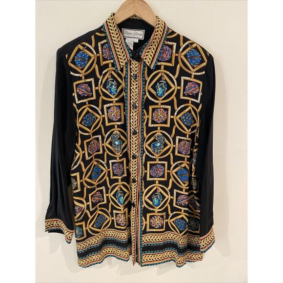 VTG Diane Gilman Size 1X Button Up Silk Blouse in Geometric print design - Picture 1 of 10